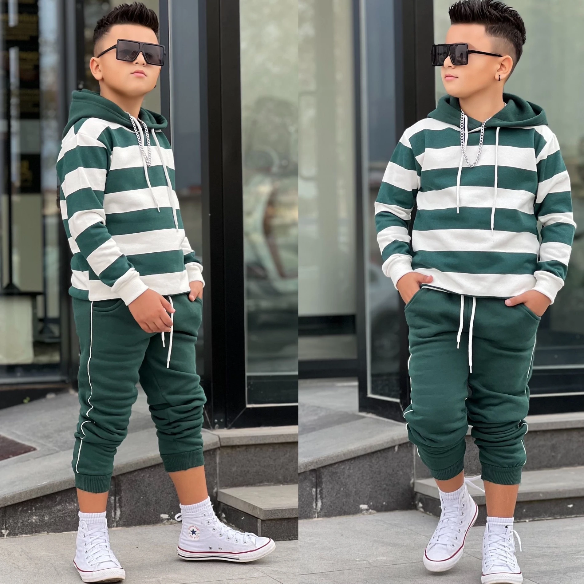 Kapşonlu çizgili 3 iplik erkek takım 