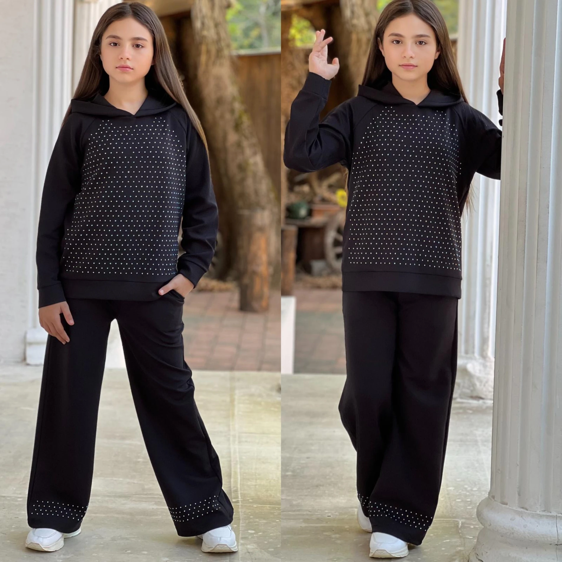 Taşlı kapşonlu ikili kız takım 