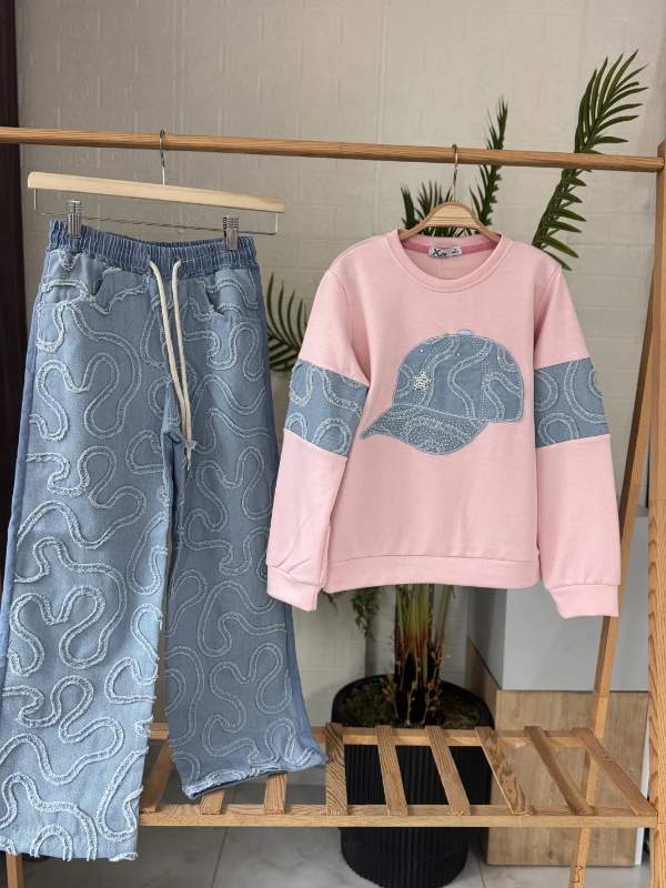 Şapka baskılı kot ikili takım