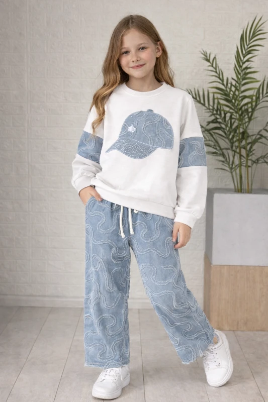 Şapka baskılı kot ikili takım