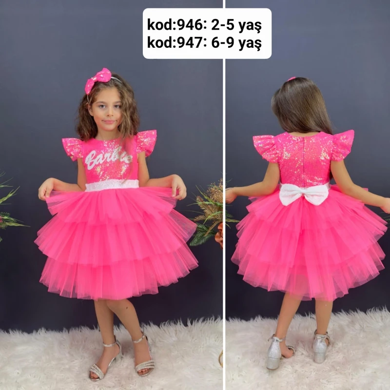 Barbie Fiyonklu Taçlı Çocuk  Abiye