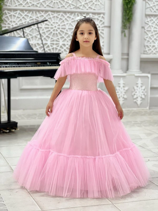 Prenses model pembe abiye 
