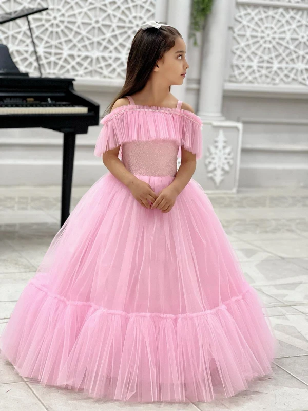 Prenses model pembe abiye 