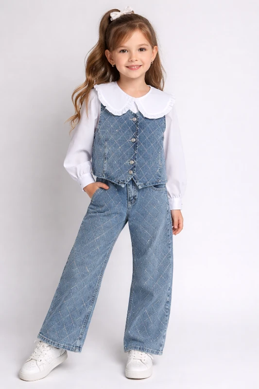 Taşlı yelekli 3 lü kot takım