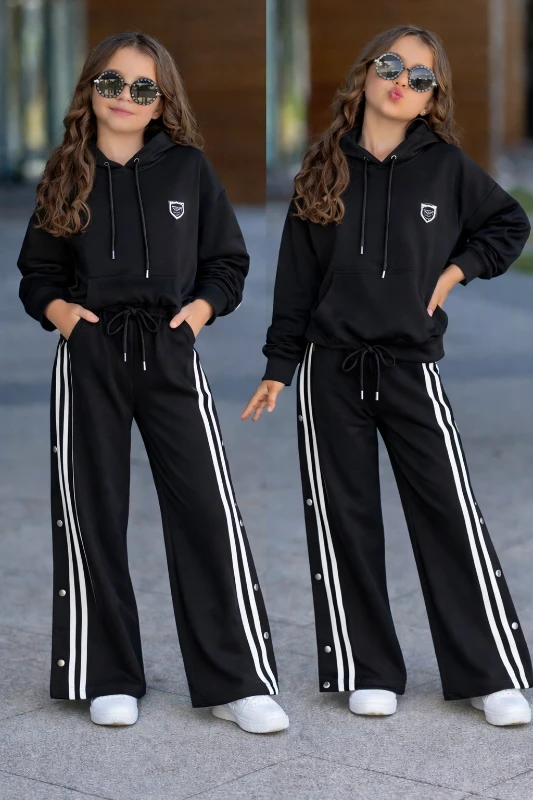 Şeritli kapşonlu ikili kız takım 