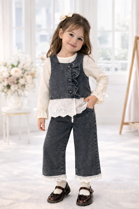 Güpürlü yelekli 3 lü takım 