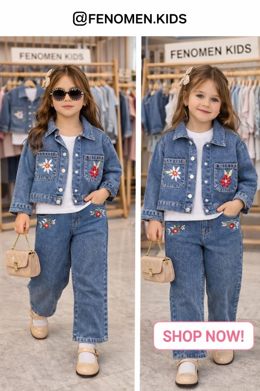 Nakışlı kot ceketli 3 lü takım 