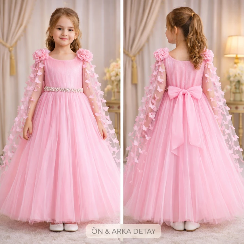 Kelebekli pelerinli kız abiye 