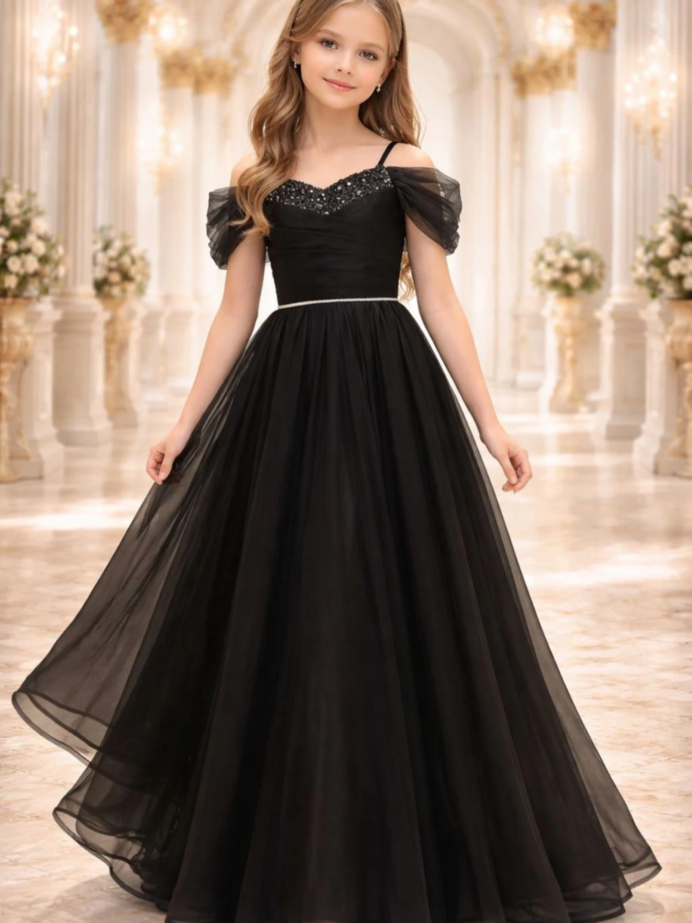 Tam boy inci detaylı kız çocuk abiye 